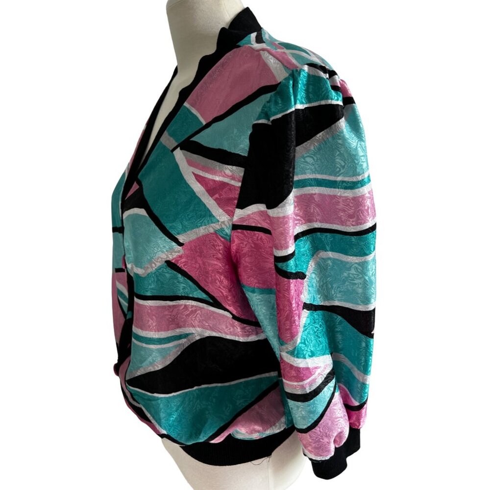 Vintage Anastasia Silky Bright VNeck Blouse Sz Medium Petite Colorful Pink & Bla - Picture 14 of 14